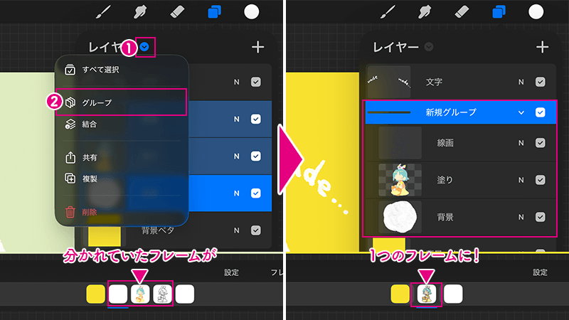 複数のレイヤーを1つのグループにすると1つのフレームになる